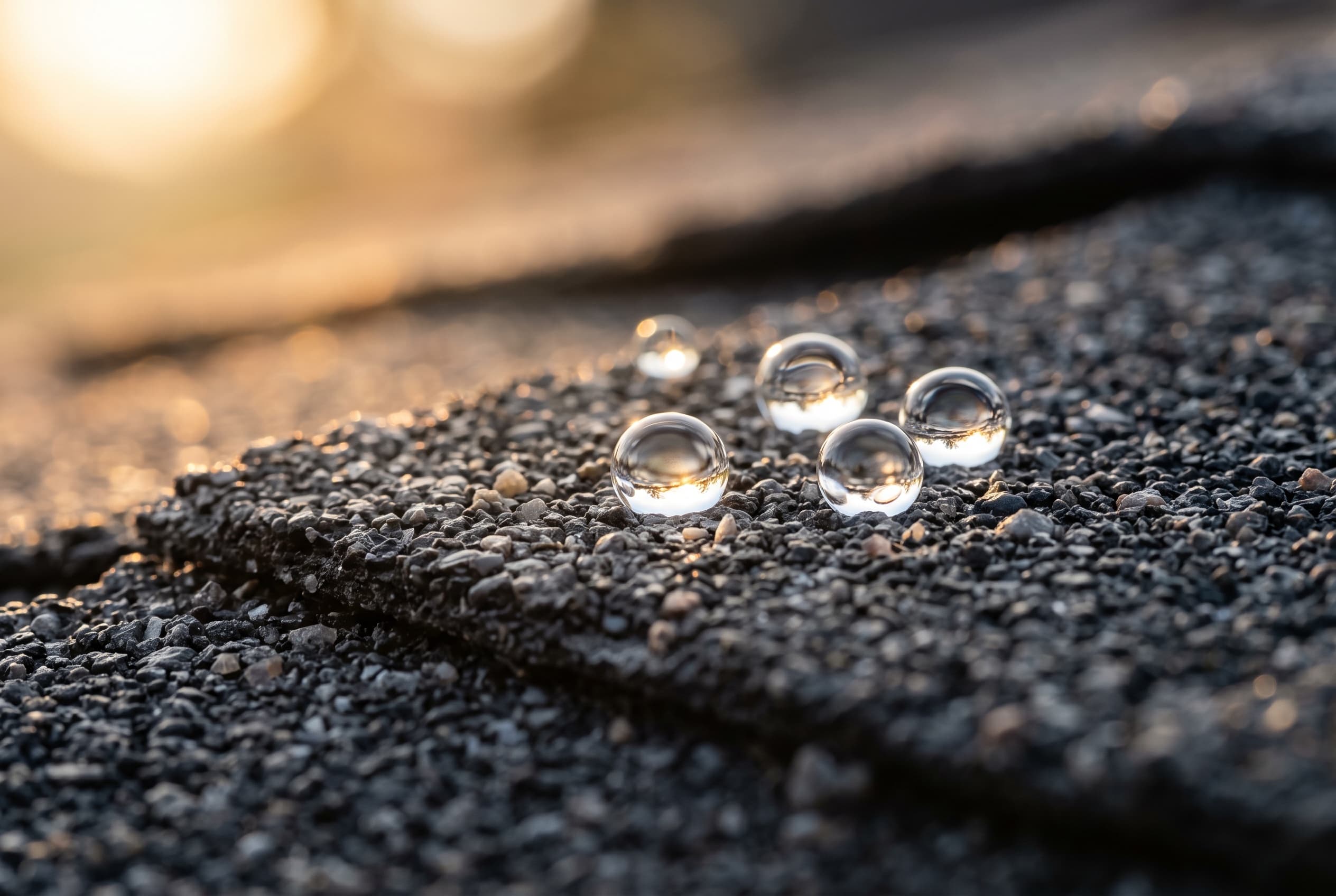 Gouttes d'eau perlant sur des bardeaux protégés par le scellant nano
